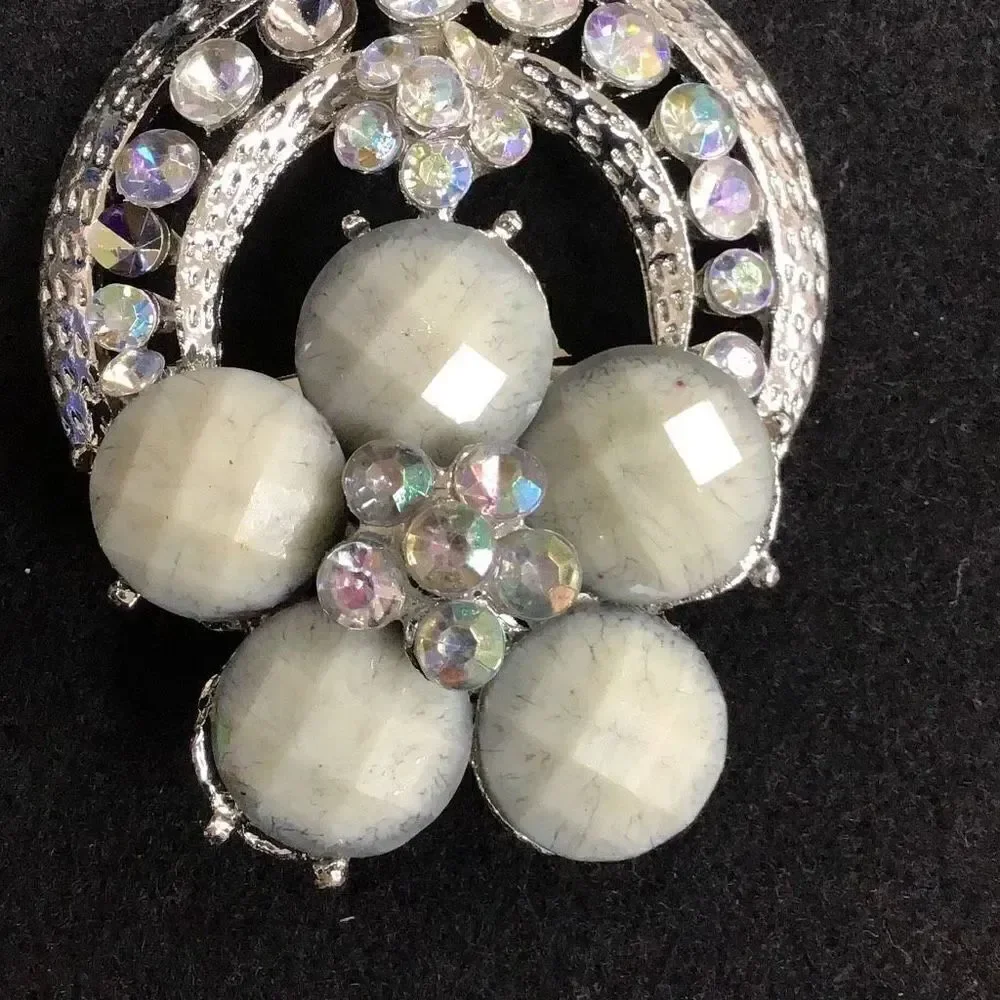 Brooch, vintage rhinestones and white flower shaped